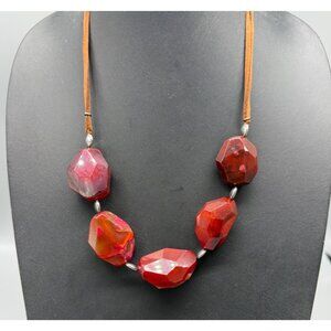 Faceted Agate Chunky Bead Necklace Leather Cord 26 Inches